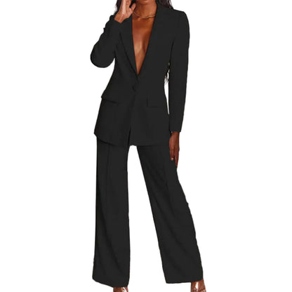 Blazer and Wide-Leg Trousers Suit Set with Single-Button Blazer