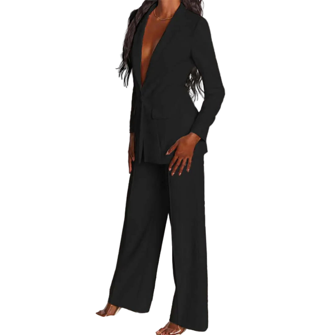 Blazer and Wide-Leg Trousers Suit Set with Single-Button Blazer