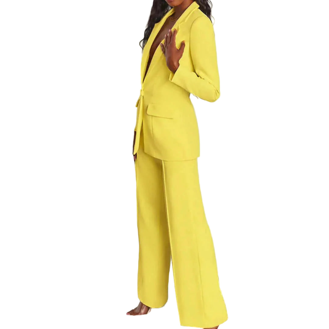 Blazer and Wide-Leg Trousers Suit Set with Single-Button Blazer