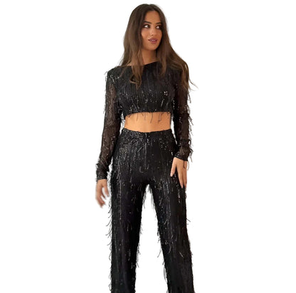 Two-Piece Sequin Fringe Mesh Set with Cropped Top and High-Waist Pants