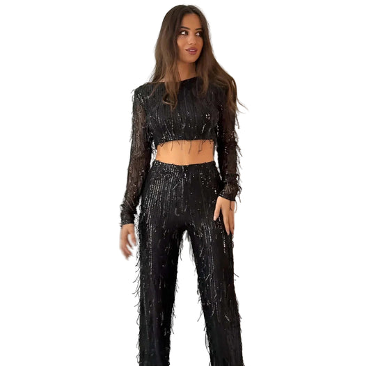 Two-Piece Sequin Fringe Mesh Set with Cropped Top and High-Waist Pants