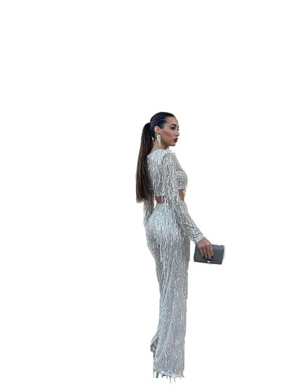 Two-Piece Sequin Fringe Mesh Set with Cropped Top and High-Waist Pants