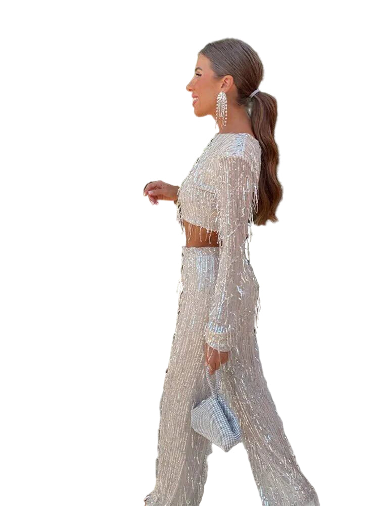 Two-Piece Sequin Fringe Mesh Set with Cropped Top and High-Waist Pants