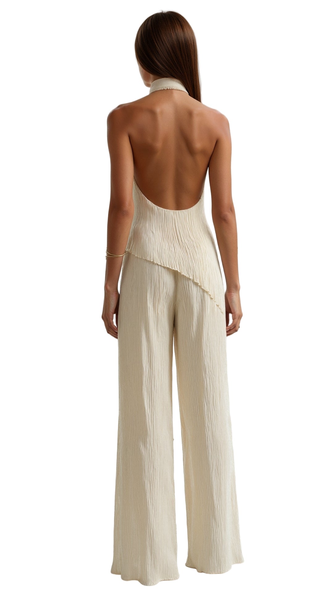 Pleated Halter Top and Wide-Leg Pants Set