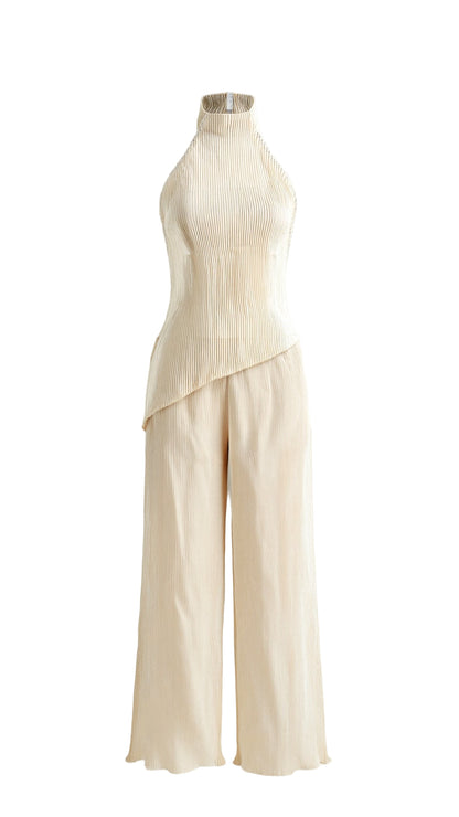 Pleated Halter Top and Wide-Leg Pants Set