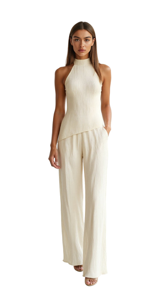 Pleated Halter Top and Wide-Leg Pants Set