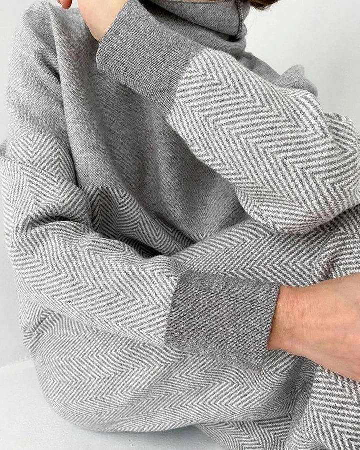 Knitted Loungewear Set with High-Neck Top and Elastic-Waist Trousers