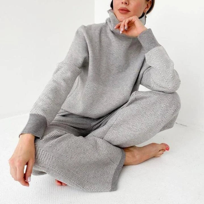 Knitted Loungewear Set with High-Neck Top and Elastic-Waist Trousers