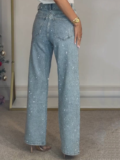 Wide Leg Trousers with Button Closure and Rhinestone Embellishment