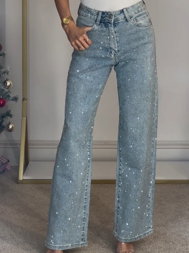 Wide Leg Trousers with Button Closure and Rhinestone Embellishment