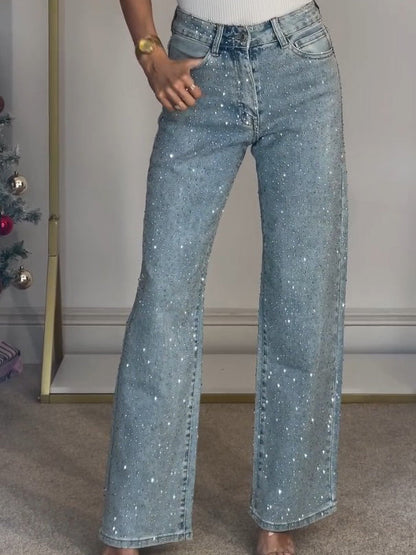 Wide Leg Trousers with Button Closure and Rhinestone Embellishment