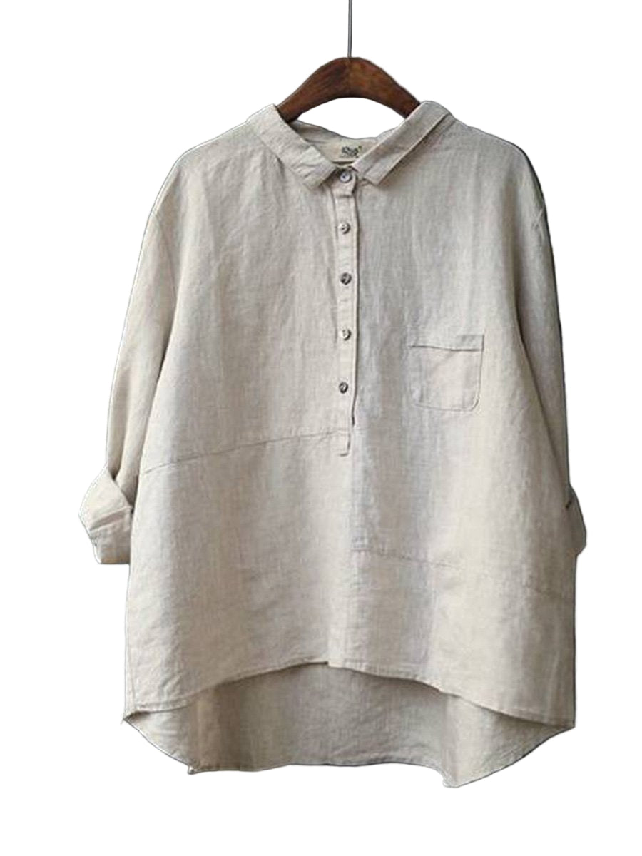 Relaxed-Fit Button-Up Shirt with Lapel Collar and Long Sleeves