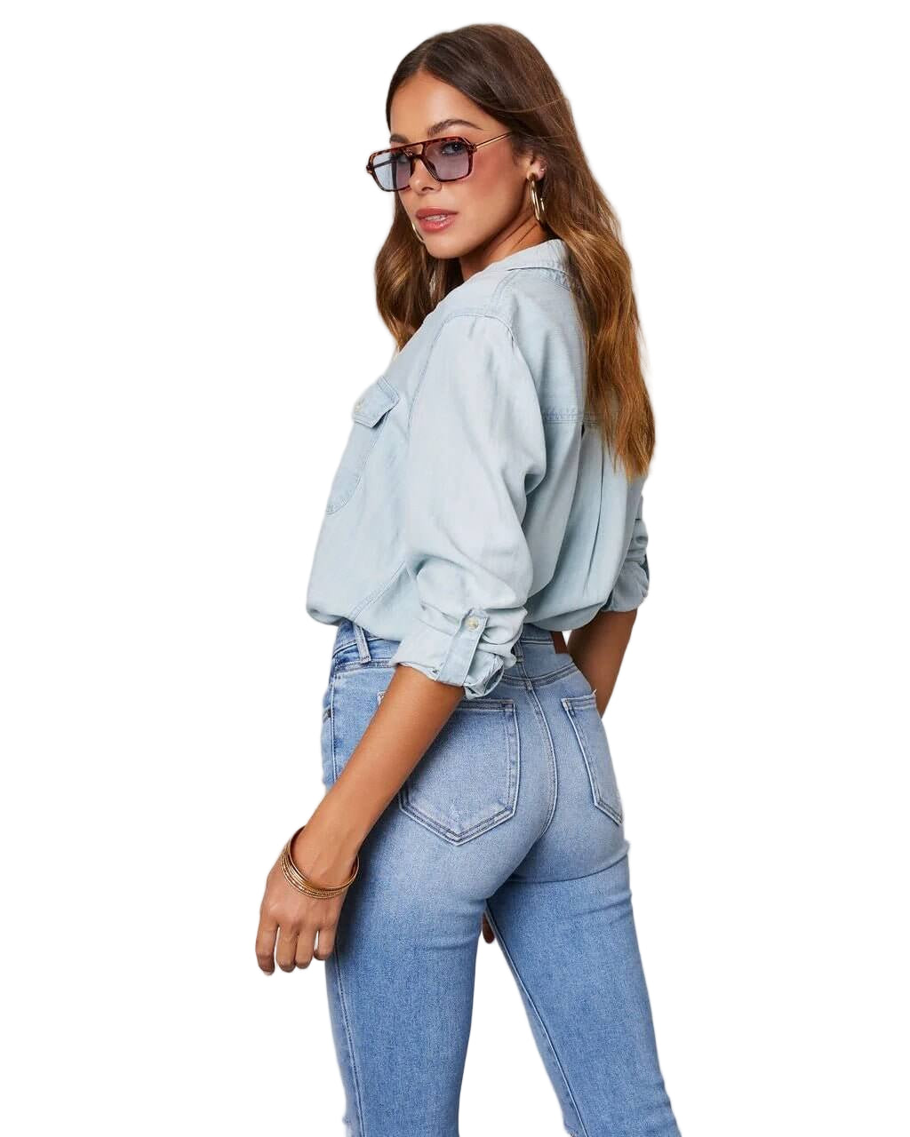 Denim Button-Down Shirt with Chest Pockets and Relaxed Fit