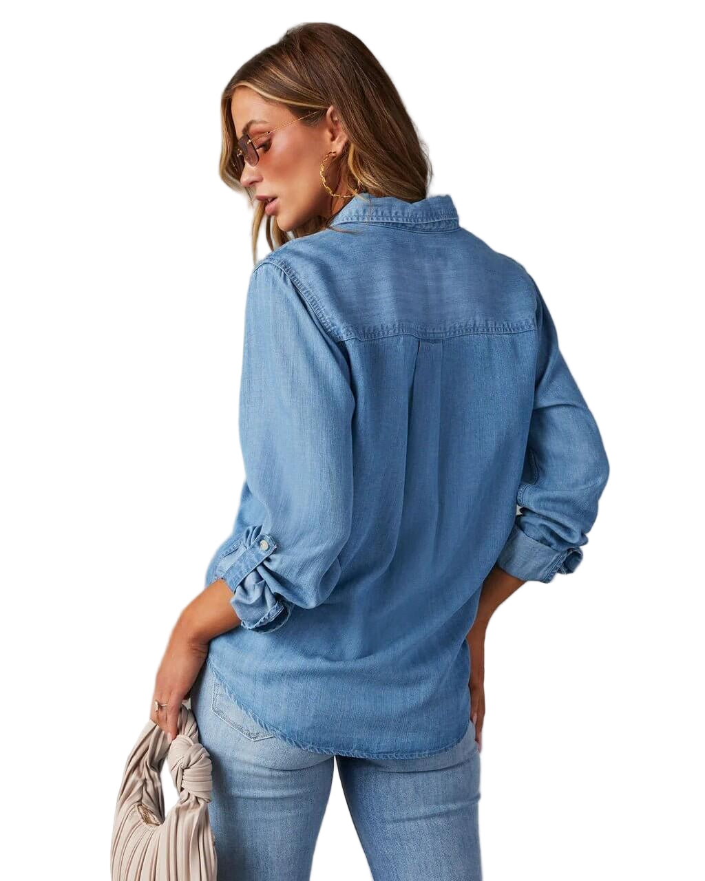 Denim Button-Down Shirt with Chest Pockets and Relaxed Fit