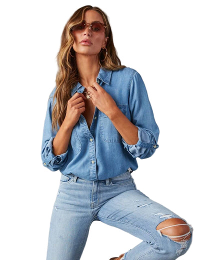 Denim Button-Down Shirt with Chest Pockets and Relaxed Fit