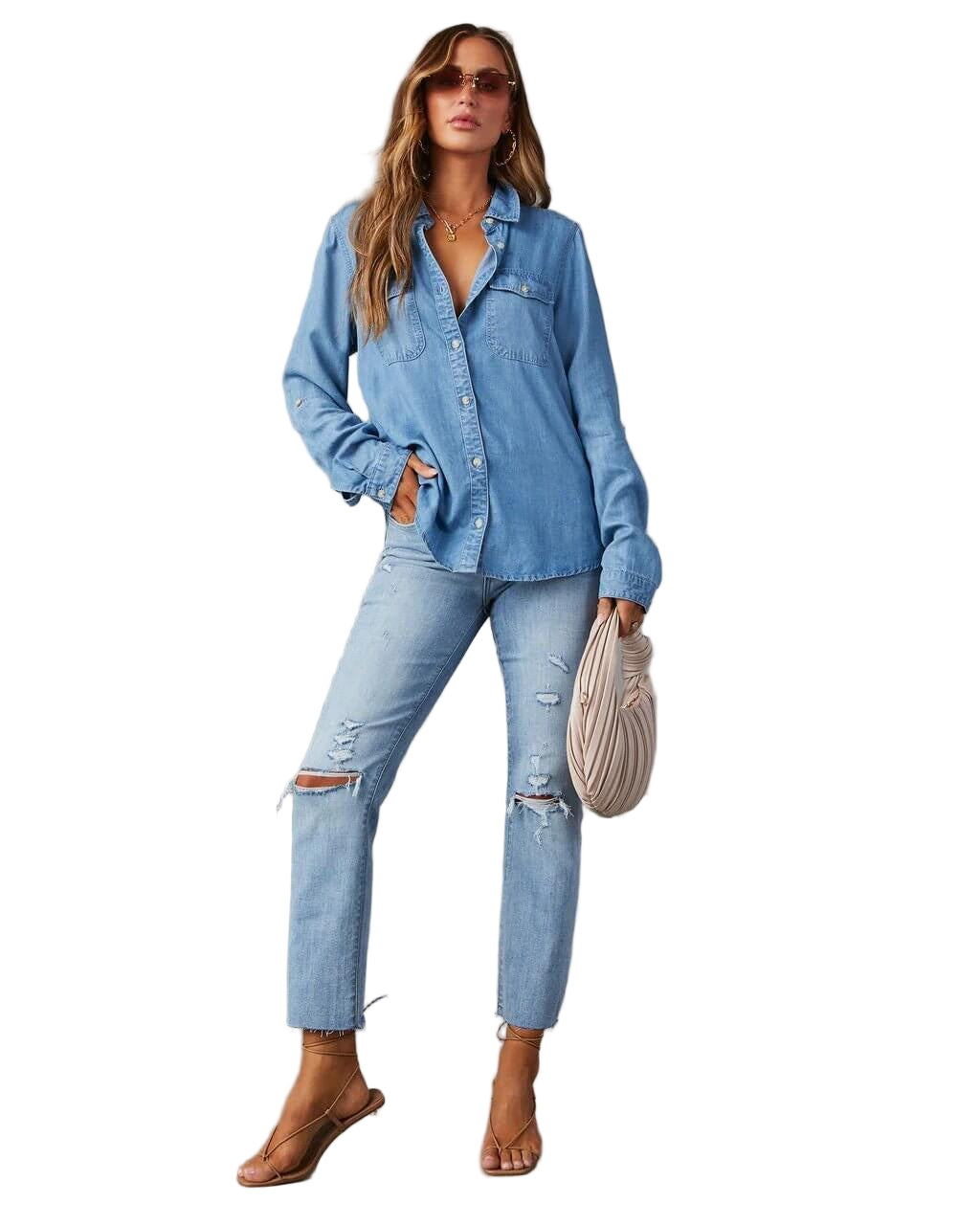 Denim Button-Down Shirt with Chest Pockets and Relaxed Fit