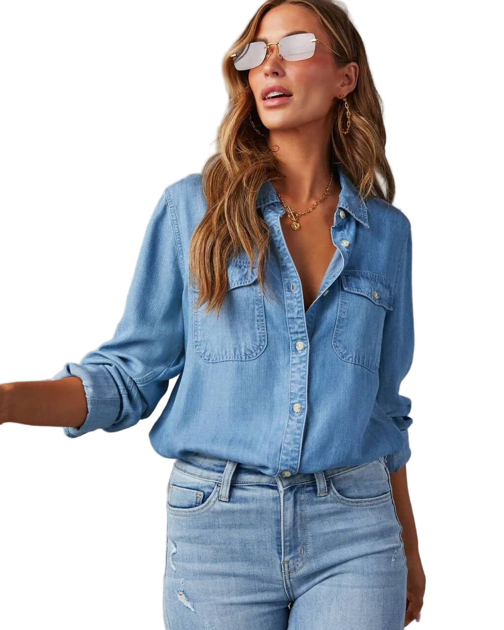 Denim Button-Down Shirt with Chest Pockets and Relaxed Fit