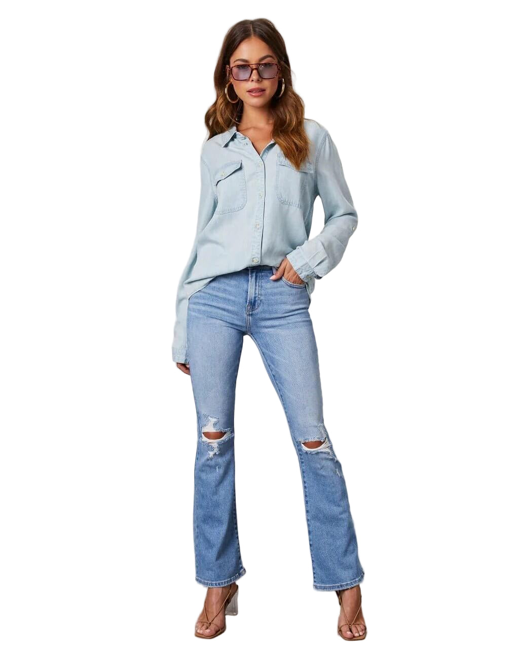 Denim Button-Down Shirt with Chest Pockets and Relaxed Fit