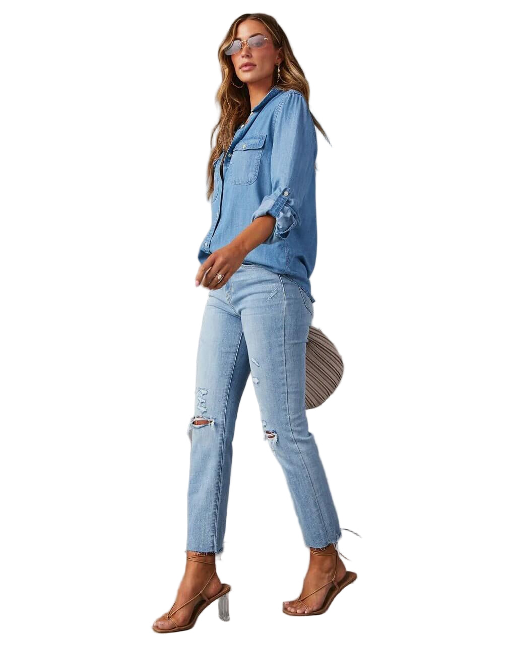 Denim Button-Down Shirt with Chest Pockets and Relaxed Fit