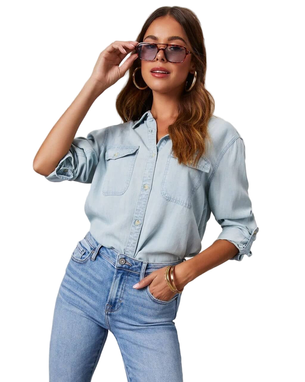 Denim Button-Down Shirt with Chest Pockets and Relaxed Fit