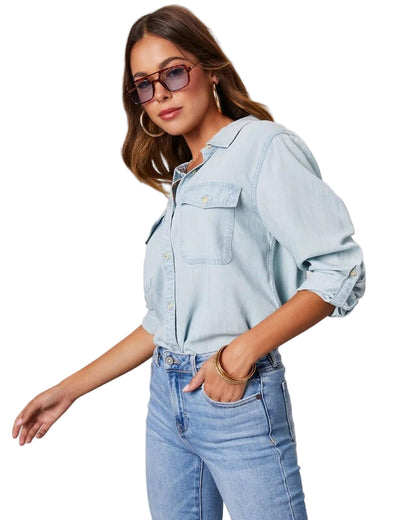 Denim Button-Down Shirt with Chest Pockets and Relaxed Fit