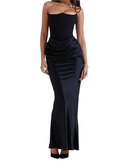 Strapless Draped-Bodice Satin Column Dress