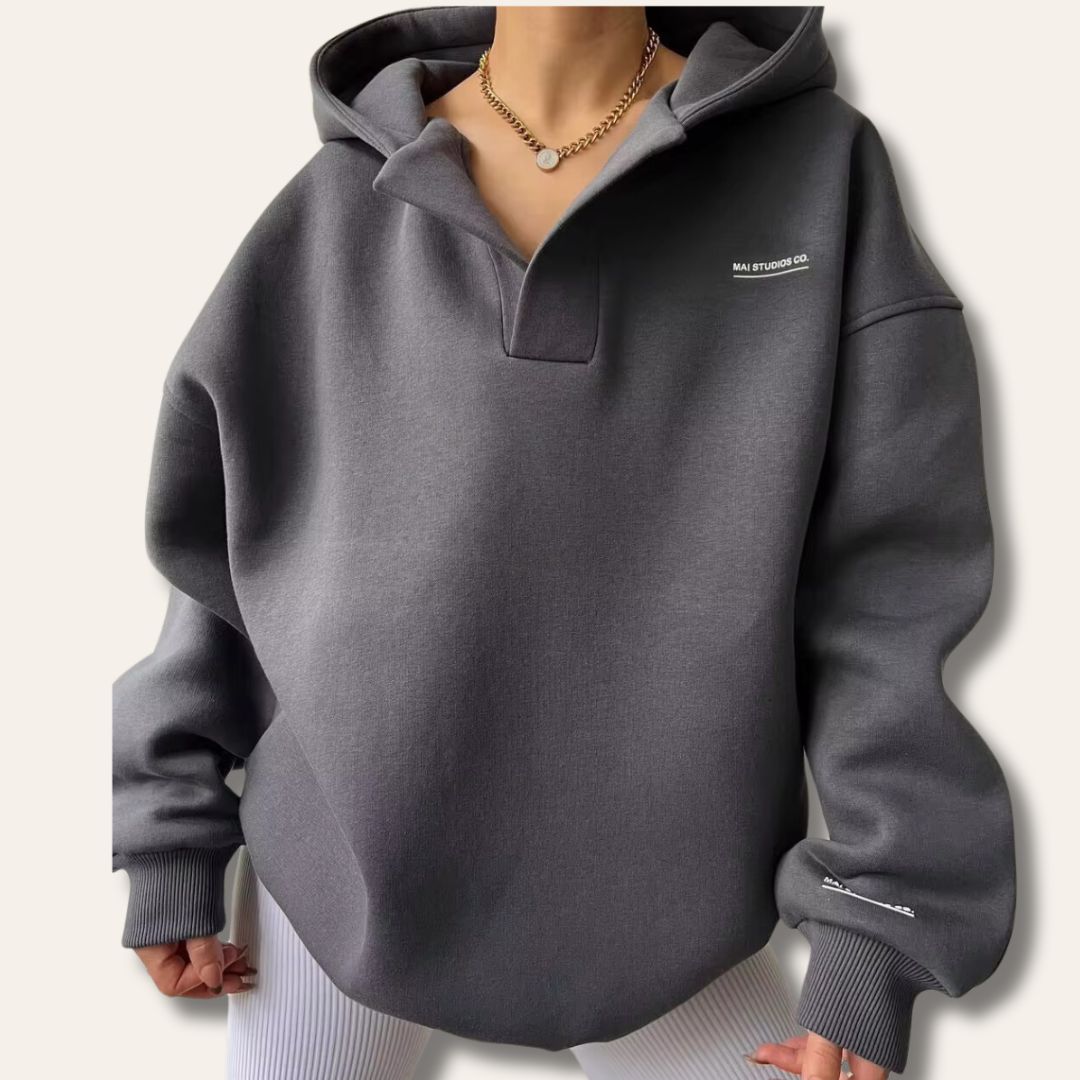 Oversized Sweatshirt with Open Collar and Ribbed Hem