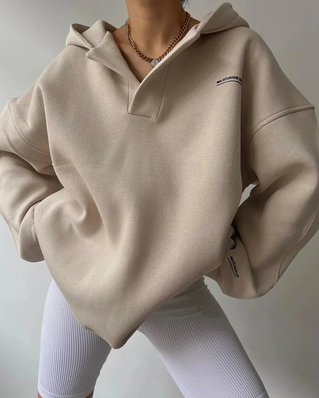 Oversized Sweatshirt with Open Collar and Ribbed Hem