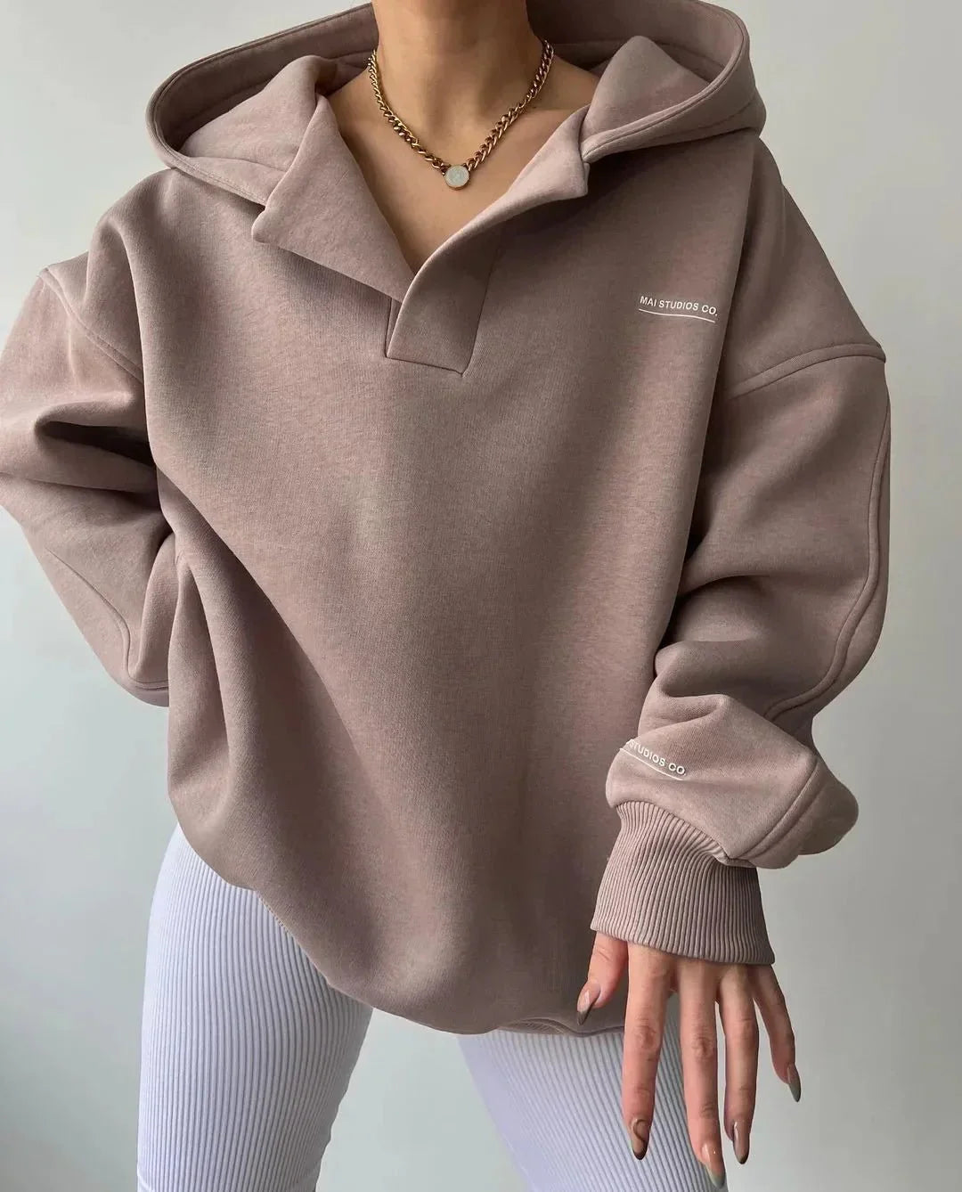 Oversized Sweatshirt with Open Collar and Ribbed Hem
