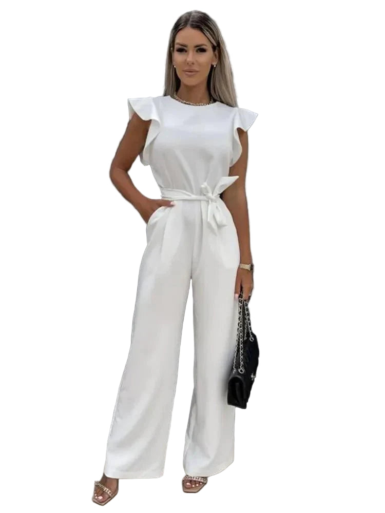 Ruffled Sleeve Jumpsuit with Hidden Back Zipper and Streamlined Silhouette