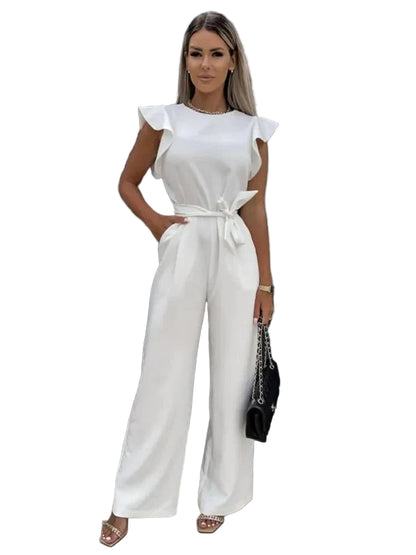 Ruffled Sleeve Jumpsuit with Hidden Back Zipper and Streamlined Silhouette