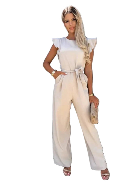 Ruffled Sleeve Jumpsuit with Hidden Back Zipper and Streamlined Silhouette