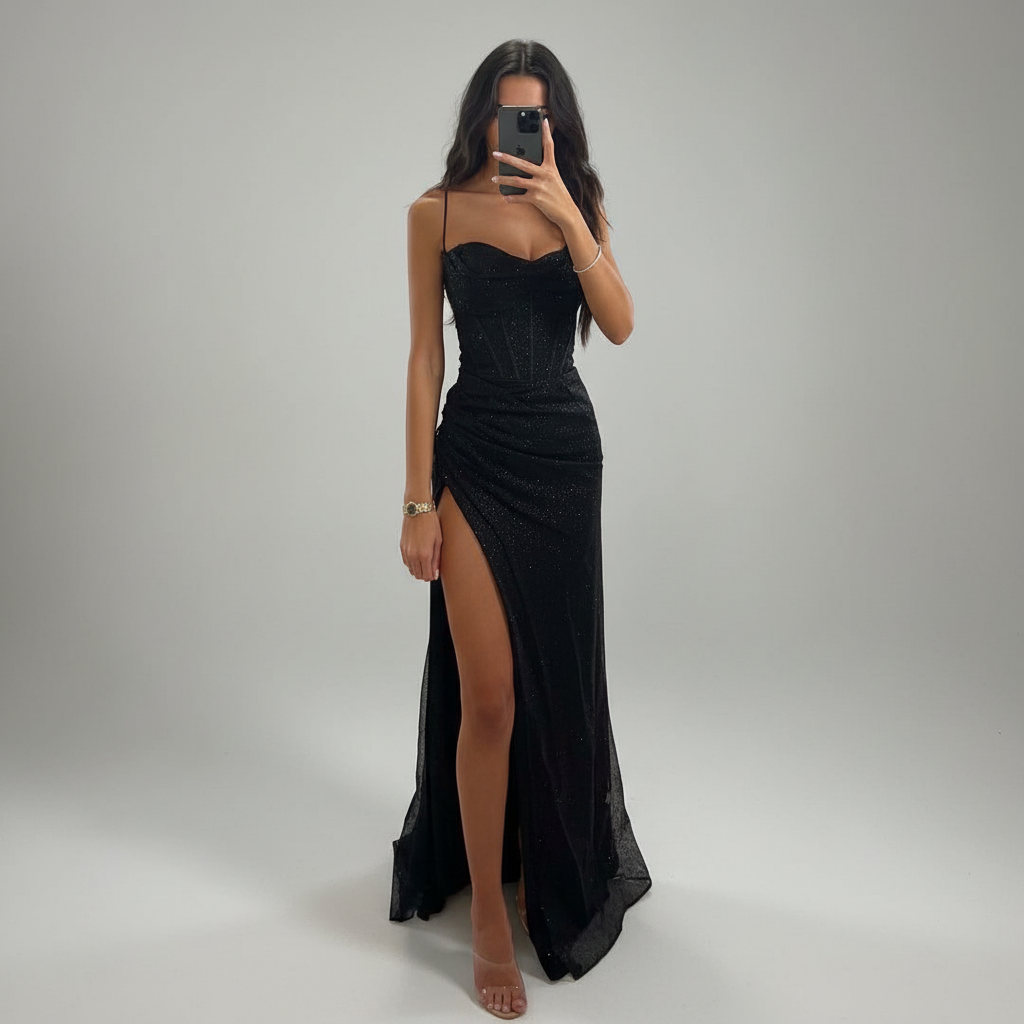 Glittery Evening Gown with Spaghetti Straps and a High Side Slit