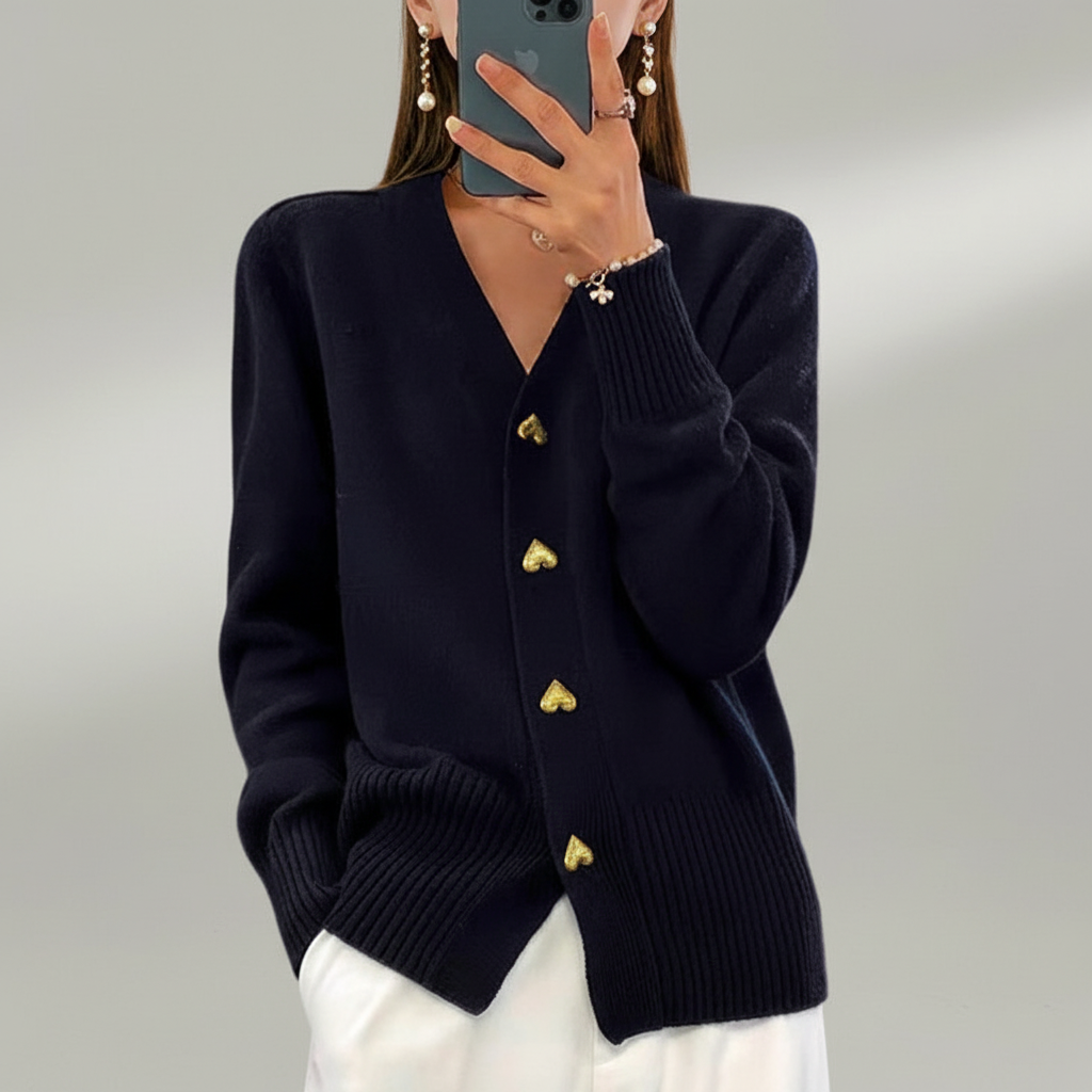 Heart Button V-Neck Cardigan – Relaxed Fit, Ribbed Hem & Cuffs