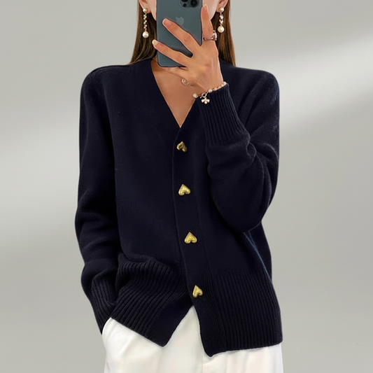 Heart Button V-Neck Cardigan – Relaxed Fit, Ribbed Hem & Cuffs