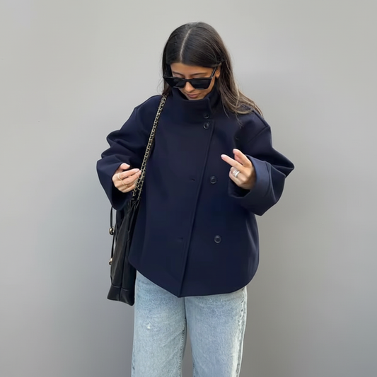 Single-Breasted Cropped Jacket with Wide Collar and High Neckline Detail