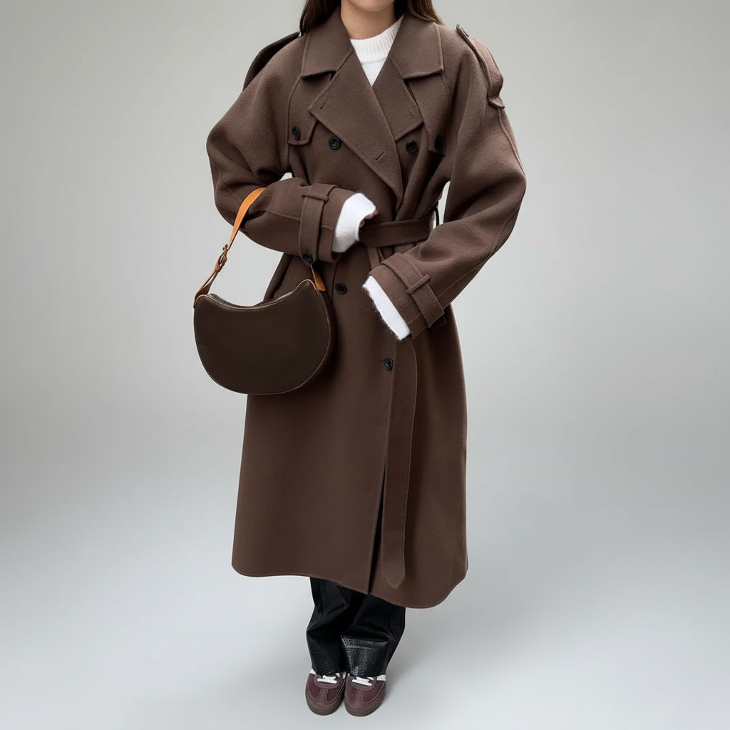 Double-Breasted Maxi Coat with Notched Lapels and Tie Belt Closure