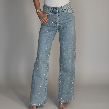 Wide Leg Trousers with Button Closure and Rhinestone Embellishment