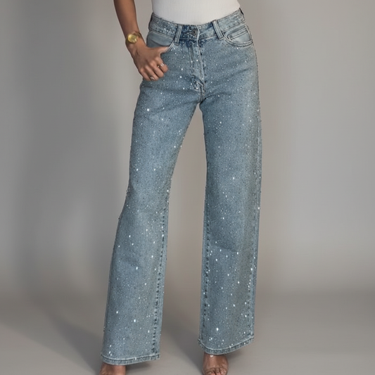 Wide Leg Trousers with Button Closure and Rhinestone Embellishment