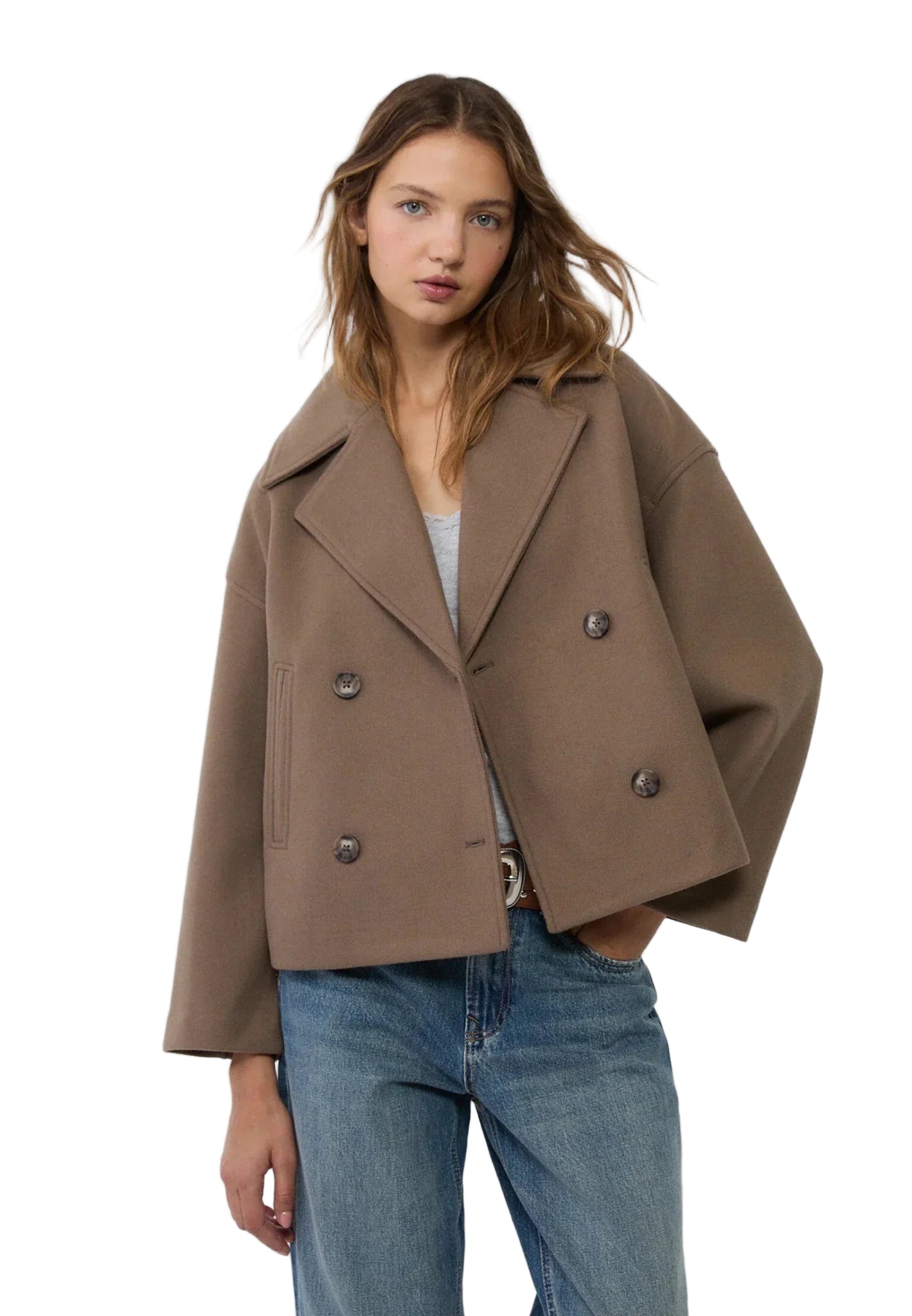 Cropped Boxy Jacket with Double-Button Front and Structured Lapels