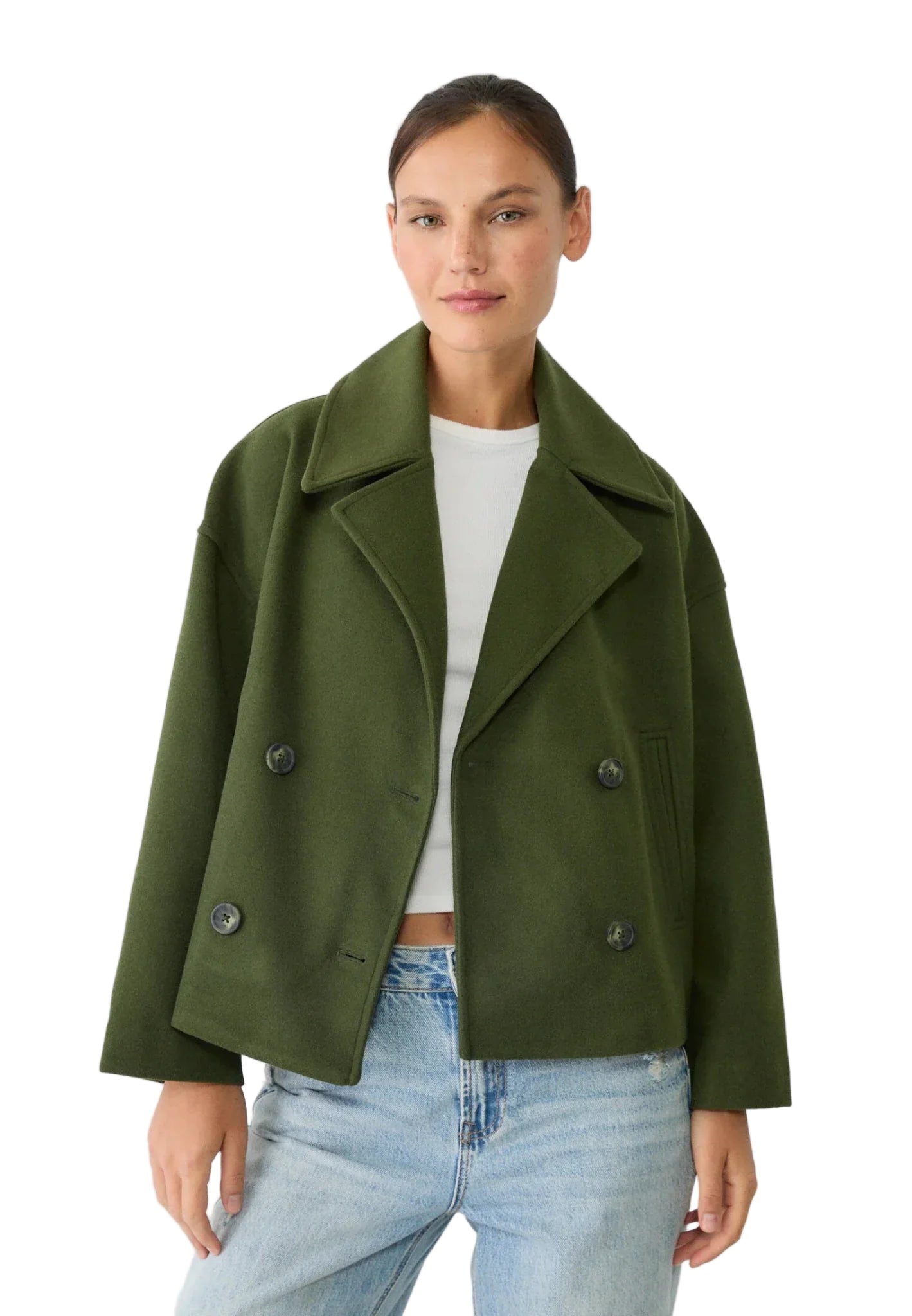 Cropped Boxy Jacket with Double-Button Front and Structured Lapels