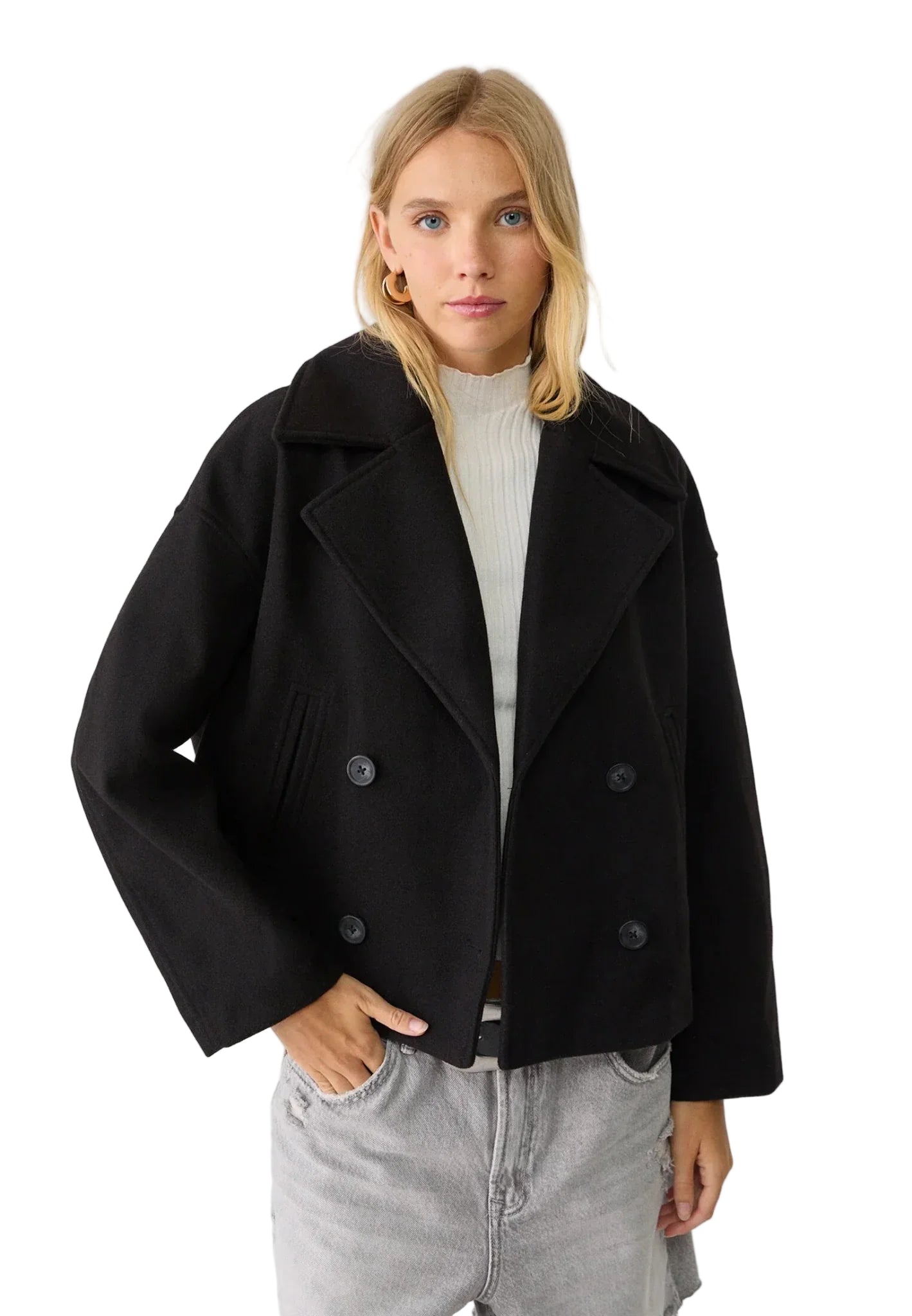 Cropped Boxy Jacket with Double-Button Front and Structured Lapels