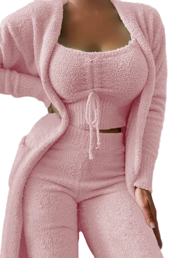 Three-Piece Fuzzy Knit Lounge Set with Bralette, Pants, and Cardigan